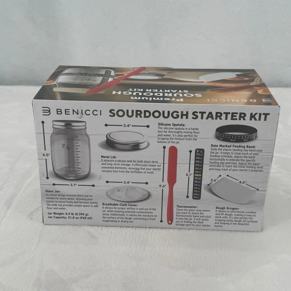 New Benicci Premium Sourdough Starter Kit Glass Jar Spatula Scraper Recipe Guide